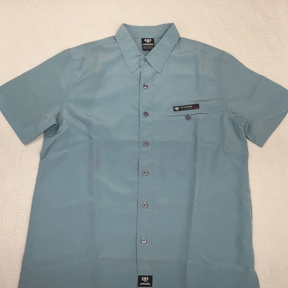 Pelle Pelle‎ Mens Short Sleeve Button Up Shirt Blue Urban Streetwear Large L